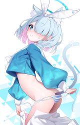 Rule 34 | 1girl, animal ear fluff, animal ears, arona (blue archive), asymmetrical bangs, blue archive, blue eyes, blue hair, blue shirt, blush, bow hairband, braid, cat ears, cat girl, cat tail, colored inner hair, cropped shirt, hair over one eye, hairband, halo, highres, holding, holding clothes, holding skirt, light blue hair, long sleeves, looking at viewer, multicolored hair, neckerchief, one eye covered, panties, pink hair, pretty mundane, puffy sleeves, sailor collar, shirt, short hair, single braid, skirt, smile, solo, striped clothes, striped panties, sweatdrop, tail, tail raised, triangle, underwear, undressing, white background, white hairband, white neckerchief, white sailor collar, white skirt