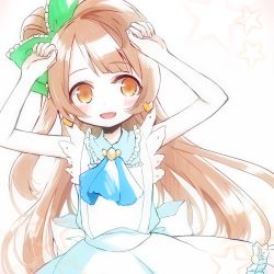 Rule 34 | 10s, 1girl, arms up, blush, bow, brown eyes, brown hair, earrings, gradient background, green bow, hair bow, heart, heart earrings, jewelry, korekara no someday, long hair, looking at viewer, love live!, love live! school idol project, minami kotori, niboshi, side ponytail, sleeveless, smile, solo