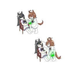 Rule 34 | 2girls, adjusting another&#039;s eyewear, agnes tachyon (umamusume), ahoge, animal ears, black hair, brown hair, chair, cup, flask, glaring, glasses, highres, holding, holding cup, holding flask, horse ears, horse girl, horse tail, lab coat, long hair, looking at another, manhattan cafe (umamusume), multiple girls, opaque glasses, open mouth, otomodachi (kuriuni0), purple shirt, red eyes, round-bottom flask, school uniform, shirt, short hair, sitting, skirt, smile, standing, sunglasses, tail, tracen school uniform, umamusume, white background, white skirt, yellow eyes