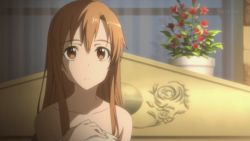 Rule 34 | 10s, animated, animated gif, asuna (sao), bed, bed sheet, brown hair, flower, long hair, lowres, nude, sword art online