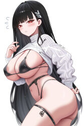 Rule 34 | 1girl, abpart, absurdres, areola slip, ass, bikini, black bikini, black hair, blue archive, blush, breasts, cleavage, commentary, english commentary, from side, hair ornament, hairclip, highres, large breasts, long hair, long sleeves, looking at viewer, looking to the side, mixed-language commentary, no halo, parted lips, red eyes, rio (blue archive), sideboob, simple background, solo, sweater, swimsuit, thigh strap, underboob, white background, white sweater