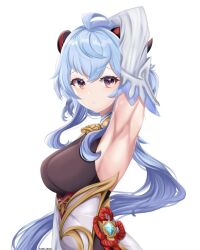 Rule 34 | 1girl, ahoge, arm up, armpits, blue hair, blue sleeves, breasts, chinese clothes, closed mouth, fadill adelia, ganyu (genshin impact), genshin impact, highres, horns, large breasts, long hair, looking at viewer, orange eyes, ponytail, presenting armpit, simple background, solo, tareme, white background