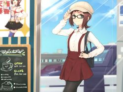 Rule 34 | 1girl, alternate costume, amami haruka, bag, beret, black pantyhose, brown hair, disguise, fashion, glasses, green eyes, hair ornament, hand on headwear, hand on own hip, handbag, hat, hat tip, hitoto, idolmaster, idolmaster (classic), idolmaster movie, long sleeves, md5 mismatch, open mouth, pantyhose, poster (medium), poster (object), resized, resolution mismatch, short hair, skirt, smile, solo, source larger, suspenders, thighhighs