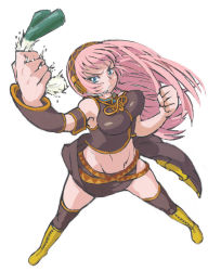 Rule 34 | 1girl, angry, belt, black skirt, black thighhighs, blue eyes, boots, breasts, broken, crushing, from above, headset, impossible clothes, impossible shirt, knee boots, large breasts, long hair, long skirt, megurine luka, midriff, navel, oniondom, pink hair, shirt, side slit, simple background, skirt, solo, spread legs, spring onion, teruki, thighhighs, vocaloid