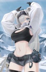 Rule 34 | 1girl, absurdres, animal ears, arknights, arms up, aurora (arknights), aurora (elite ii) (arknights), bear ears, belt, black hairband, black tank top, blue eyes, blue sky, breasts, cleavage, commentary, cowboy shot, crop top, day, grey hair, grey shorts, hair over one eye, hairband, highres, large breasts, long hair, long sleeves, looking at viewer, midriff, mildt, mountain, navel, outdoors, pouch, short shorts, shorts, shrug (clothing), sky, solo, standing, stomach, tank top, thigh strap, thighs, very long hair