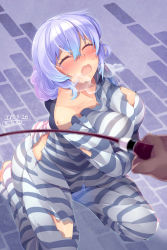 Rule 34 | 1girl, ^ ^, absurdres, alternate costume, blue hair, blush, breasts, closed eyes, gradient hair, highres, injury, kneeling, kokka han, large breasts, letty whiterock, multicolored hair, open mouth, plump, prison clothes, purple hair, riding crop, short hair, sitting, solo focus, sweat, torn clothes, touhou