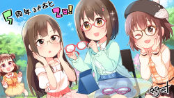 Rule 34 | 4girls, anniversary, beret, bespectacled, black hair, blush, brown eyes, brown hair, cardigan, chair, check commentary, commentary request, countdown, double bun, dress, glasses, groping motion, hair ornament, hairclip, hat, highres, idolmaster, idolmaster cinderella girls, idolmaster cinderella girls starlight stage, kamijo haruna, kita hinako, kuma jet, long hair, long sleeves, mizumoto yukari, multiple girls, munakata atsumi, official art, open cardigan, open clothes, open mouth, outdoors, pink eyes, short hair, signature, sitting, skirt, smile, table, translated