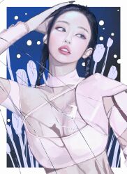 Rule 34 | 1girl, absurdres, black hair, black nails, blackpink, blue background, blue eyes, border, braid, buerhua, cleavage cutout, clothing cutout, commentary, cropped shirt, flower, hand on own head, highres, impasto, jennie (blackpink), k-pop, leaning to the side, long hair, nail polish, outside border, parted lips, pink shirt, procreate (medium), real life, realistic, shirt, solo, symbol-only commentary, tulip, twin braids, upper body, white border