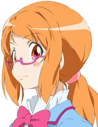 Rule 34 | 10s, 1girl, blush, glasses, long hair, looking at viewer, orange hair, precure, semi-rimless eyewear, shirabe ako, simple background, smile, solo, suite precure, umanosuke, under-rim eyewear, white background