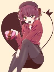Rule 34 | 1girl, absurdres, alternate costume, arrow through heart, beret, black hat, black pantyhose, black skirt, blush, box, breasts, candy, casual, chocolate, chocolate heart, closed mouth, collared shirt, commentary, eyelashes, food, hair ribbon, hat, heart, heart-shaped box, heterochromia, highres, hololive, houshou marine, invisible chair, long sleeves, looking at viewer, medium breasts, medium hair, meme tesshin, miniskirt, mouth hold, pantyhose, red eyes, red shirt, ribbon, shirt, simple background, sitting, skirt, smile, solo, tan background, twintails, valentine, virtual youtuber, yellow eyes