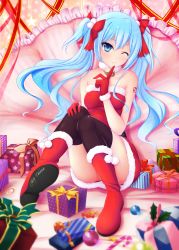 Rule 34 | 1girl, absurdres, bell, belt, black thighhighs, blue eyes, blue hair, boots, box, christmas, collar, collarbone, dress, finger in own mouth, finger to mouth, gift, gift box, gloves, hair ribbon, hand on own knee, hatsune miku, highres, index finger raised, kuro neko (yxmikan), long hair, looking at viewer, matching hair/eyes, merry christmas, neck bell, no panties, one eye closed, partially visible vulva, red dress, red footwear, red gloves, red ribbon, red skirt, ribbon, santa boots, santa costume, santa gloves, sitting, skirt, solo, strapless, strapless dress, thighhighs, twintails, vocaloid