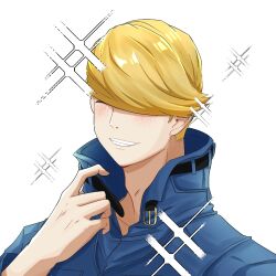 Rule 34 | 1boy, belt, best jeanist, blonde hair, blush, boku no hero academia, closed eyes, denim, facing viewer, male focus, open belt, pineappleumi, simple background, smile, solo, sparkle, upper body, white background