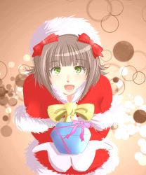 Rule 34 | 1girl, amami haruka, bad id, bad pixiv id, brown hair, christmas, from above, gift, green eyes, hair ribbon, highres, holding, holding gift, ice2002, idolmaster, idolmaster (classic), looking up, mittens, open mouth, ribbon, santa costume, smile, solo
