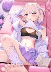 Rule 34 | 1girl, barefoot, blonde hair, blush, breasts, bu leike, choker, cleavage, clothes lift, collarbone, commentary request, couch, crop top, earrings, feet, foot out of frame, highres, hololive, hololive dev is, jacket, jewelry, lying, manga (object), medium breasts, midriff, miniskirt, mouth hold, multicolored hair, multiple earrings, nail polish, navel, off shoulder, on back, pom pom (cheerleading), purple eyes, purple hair, purple nails, sailor collar, school uniform, serafuku, shirt, shirt lift, short hair, skirt, soles, solo, sports bra, streaked hair, todoroki hajime, toenail polish, toenails, toes, two side up, virtual youtuber, white choker, white shirt