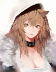 Rule 34 | 1girl, animal ears, arknights, black collar, breasts, brown eyes, brown hair, cleavage, closed mouth, collar, commentary request, copyright name, fur-trimmed jacket, fur trim, highres, hood, hood up, jacket, large breasts, lion ears, lion girl, long hair, looking at viewer, shirt, siege (arknights), simple background, sola7764, solo, upper body, white background, white hood, white shirt