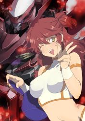 Rule 34 | 1girl, ;d, armlet, bad id, bad pixiv id, breasts, breasts apart, brown hair, crop top, green eyes, gundam, gundam 00, hair between eyes, long hair, mecha, medium breasts, midriff, navel, nena trinity, one eye closed, open mouth, robot, sleeveless, smile, solo, stomach, two side up, upper body, w, wrist cuffs