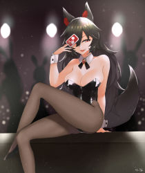 Rule 34 | 1girl, animal ear fluff, animal ears, black bow, black bowtie, black hair, black leotard, bow, bowtie, breasts, card, cleavage, commentary request, covering one eye, fang, foot out of frame, grey pantyhose, hair between eyes, highres, holding, holding card, imaizumi kagerou, ke-su, large breasts, legs, leotard, long hair, looking at viewer, open mouth, pantyhose, playing card, red eyes, sitting, smile, solo, spotlight, strapless, strapless leotard, tail, touhou, wolf ears, wolf girl, wolf tail, wrist cuffs