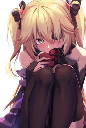 Rule 34 | 1girl, bare shoulders, black gloves, black thighhighs, blonde hair, blush, bodystocking, bow, box, breasts, bridal gauntlets, elbow gloves, eyepatch, fischl (genshin impact), genshin impact, gift, gift box, gloves, green eyes, hair over one eye, heart-shaped box, highres, knees up, long hair, looking at viewer, medium breasts, purple bow, purple neckwear, single leg pantyhose, single thighhigh, sitting, solo, spider apple, thighhighs, thighs, two side up, valentine