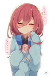 Rule 34 | 1girl, arm between breasts, between breasts, blush, breasts, cardigan, closed eyes, closed mouth, commentary request, go-toubun no hanayome, hair between eyes, headphones, headphones around neck, highres, japanese text, large breasts, long hair, looking at viewer, muuran, nakano miku, red hair, simple background, sleeves past wrists, smile, solo, translation request, upper body, white background