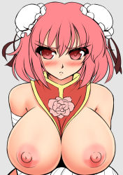 Rule 34 | 1girl, bandages, bandaged arm, bare shoulders, breasts, bun cover, chinese clothes, double bun, flower, ibaraki kasen, large breasts, mazume, nipples, pink hair, pink rose, red eyes, rose, short hair, simple background, solo, tabard, touhou