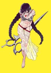 1girl artist_request barefoot bikini black_bikini braid braided_ponytail breasts danganronpa:_trigger_happy_havoc danganronpa_(series) feet female_focus fukawa_toko genocider_shou hair_between_eyes holding holding_scissors holding_weapon long_hair long_tongue looking_at_viewer matching_hair/eyes navel purple_eyes purple_hair scissors see-through_clothes see-through_shirt shirt simple_background small_breasts solo swimsuit toenails toes tongue transparent_skirt twintails weapon yellow_background