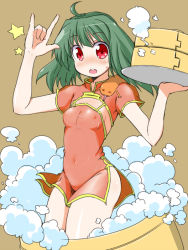 Rule 34 | 1girl, :o, \m/, ahoge, bamboo steamer, blush, china dress, chinese clothes, dress, female focus, flat chest, green hair, macross, macross frontier, naitou kouse, navel, nipples, open mouth, plate, ranka lee, red eyes, see-through, simple background, solo, star (symbol), steam, teeth