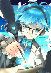 Rule 34 | 10s, 1boy, antenna hair, bad id, bad pixiv id, blue eyes, blue hair, bow, bowtie, fate/extra, fate/extra ccc, fate/grand order, fate (series), feathers, glasses, hans christian andersen (fate), headphones, highres, kotobuki (momoko factory), male focus, matching hair/eyes, quill, smile, solo, vest