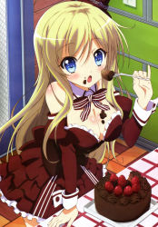 Rule 34 | 10s, 1girl, :o, absurdres, blonde hair, blue eyes, body blush, bow, bowtie, breasts, brown bow, brown bowtie, cake, chocolat (noucome), chocolate cake, cleavage, detached collar, detached sleeves, door, dress, eating, food, fork, fruit, highres, large breasts, lolita fashion, long hair, looking at viewer, open mouth, ore no nounai sentakushi ga gakuen love-comedy wo zenryoku de jama shiteiru, parted lips, pinky out, shiny skin, solo, spoon, strawberry, table