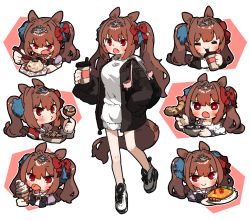 Rule 34 | 1girl, :3, = =, alternate costume, amonitto, animal ears, black jacket, blush, bowl, breasts, brown hair, chibi, chinese spoon, chopsticks, cup, daiwa scarlet (umamusume), diamond-shaped pupils, diamond (shape), disposable cup, drooling, fang, food, highres, holding, holding plate, hood, hoodie, horse ears, horse girl, horse tail, ice cream, jacket, long hair, long sleeves, looking at viewer, medium breasts, mouth drool, multiple views, omelet, omurice, plate, red eyes, rice, sailor collar, school uniform, shoes, smile, sneakers, symbol-shaped pupils, tail, takoyaki, tempura, tiara, tongue, tongue out, toothpick, tracen school uniform, twintails, umamusume, white hoodie