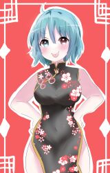 Rule 34 | 1girl, ahoge, alternate costume, blue hair, blush, breasts, china dress, chinese clothes, colored eyelashes, commentary request, covered navel, darkness 666666, dress, floral print, hands on own hips, heterochromia, highres, looking at viewer, looking back, medium breasts, outline, red background, red eyes, short hair, simple background, solo, tatara kogasa, tongue, tongue out, touhou, v-shaped eyebrows, white outline