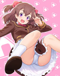 Rule 34 | 1girl, :d, absurdres, bow, brown hair, brown jacket, commentary request, delicious party precure, fingernails, hair bow, highres, jacket, kazuma muramasa, long hair, looking at viewer, nagomi yui, open mouth, panties, pink background, precure, purple eyes, red bow, school uniform, short hair, smile, solo, underwear, white panties