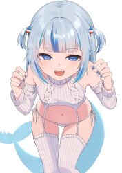 Rule 34 | 1girl, absurdres, blue hair, blue nails, breasts, detached sleeves, fins, fish tail, garter straps, gawr gura, grey hair, hair ornament, highres, hololive, hololive english, looking at viewer, medium hair, meme attire, multicolored hair, nail polish, nzmtarou, open mouth, panties, shark girl, shark hair ornament, shark tail, sharp teeth, side-tie panties, small breasts, solo, streaked hair, sweater, tail, teeth, thighhighs, two side up, underwear, upper teeth only, virgin destroyer sweater, virtual youtuber, white background, white garter straps, white panties, white sleeves, white sweater, white thighhighs