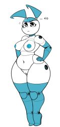 Rule 34 | 1girl, android, angry, blue hair, boots, breasts, choker, cleft of venus, elbow gloves, gloves, high heel boots, high heels, highres, jenny wakeman, joints, medium breasts, my life as a teenage robot, nipples, nsfwskully, nude, plump, pussy, robot, robot girl, solo, thick thighs, thigh boots, thighhighs, thighs, twintails