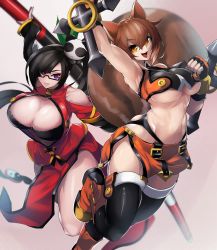 Rule 34 | 2girls, :d, abs, animal ears, antenna hair, arm up, armpits, bare shoulders, black bra, black hair, black legwear, black panties, black shirt, black sleeves, blazblue, boots, bra, breasts, brown eyes, brown hair, china dress, chinese clothes, cleavage, cleavage cutout, clenched hands, clothing cutout, collarbone, commentary request, commission, crop top, dress, dual wielding, fingerless gloves, floating, full body, glasses, gloves, green ribbon, groin, hair between eyes, hair ornament, hair ribbon, highleg, highleg panties, holding, holding weapon, knee boots, large breasts, litchi faye ling, long hair, looking at viewer, makoto nanaya, multicolored hair, multiple girls, navel, open mouth, orange shirt, orange skirt, panda, panties, parted lips, partial commentary, pelvic curtain, ponytail, purple eyes, red dress, red eyes, revealing clothes, ribbon, semi-rimless eyewear, shirt, short hair, shoulder cutout, side slit, sidelocks, simple background, skeb commission, skindentation, skirt, sleeveless, sleeveless shirt, smile, sowel (sk3), squirrel ears, squirrel girl, squirrel tail, standing, standing on one leg, stomach, tail, teeth, thighhighs, tonfa, two-tone hair, two-tone shirt, under-rim eyewear, underboob, underwear, upper teeth only, very long hair, weapon, white hair, yin yang