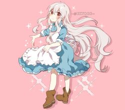 Rule 34 | 1girl, apron, apron grab, blue dress, blush, boots, brown footwear, buttons, collared dress, dress, floating hair, frilled dress, frills, full body, hair between eyes, highres, kagerou project, maid apron, mekakucity actors, otorigg, pink background, pink eyes, sleeve cuffs, sleeves past wrists, smile, solo, sparkle background, turning head, twitter username, two-tone dress, white apron, white hair