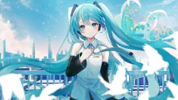 Rule 34 | 1girl, 39, azuazu 0405, bare shoulders, blue eyes, blue hair, city, collared shirt, detached sleeves, hair ornament, hatsune miku, highres, long hair, looking at viewer, necktie, shirt, sky, sleeveless, smile, solo, twintails, very long hair, vocaloid