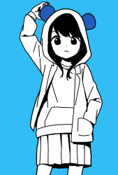 Rule 34 | 1girl, animal ears, animal hood, aoyama kotoha (mitsuboshi colors), bear ears, bear hood, blue background, blue theme, closed mouth, commentary request, dot nose, hand in pocket, highres, hood, hood up, hooded jacket, jacket, katsuwo (cr66g), long hair, long sleeves, looking at viewer, mitsuboshi colors, partially colored, pleated skirt, shirt, simple background, skirt, solo, standing
