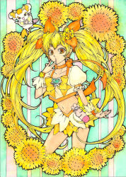 Rule 34 | 10s, 1girl, blonde hair, bow, brooch, cure sunshine, flower, hair ornament, hair ribbon, hands on own face, heart, heart brooch, heartcatch precure!, long hair, looking at viewer, magical girl, midriff, myoudouin itsuki, navel, open mouth, orange bow, orange skirt, painting (medium), potpourri (heartcatch precure!), precure, ribbon, sayococco, skirt, solo, striped, striped background, sunflower, surprised, traditional media, twintails, vertical stripes, very long hair, watercolor (medium), wrist cuffs, yellow bow, yellow eyes
