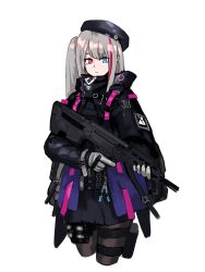 Rule 34 | 1girl, absurdres, assault rifle, battle rifle, belt, belt pouch, beret, black bag, black coat, black hat, black jacket, black pantyhose, black skirt, blue eyes, bullpup, closed mouth, coat, desert tech mdr, expressionless, girls&#039; frontline, gloves, glowstick, grey gloves, grey hair, gun, harness, hat, heterochromia, highres, holding, holding gun, holding weapon, hood, hood down, hooded jacket, jacket, load bearing vest, long hair, long sleeves, looking at viewer, mdr (girls&#039; frontline), military, multicolored hair, name connection, pantyhose, pink eyes, pink hair, pouch, rifle, sharpy (kdy000913), side ponytail, skirt, solo, standing, strap, streaked hair, tactical clothes, thigh strap, trigger discipline, weapon, white background