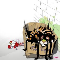 Rule 34 | 1other, box, closed mouth, commentary request, dream tiger (govy9807), drimuky, english text, highres, in box, in container, looking at viewer, original, puppet, red eyes, shadow, signature, tail, tiger, tiger stripes, tiger tail