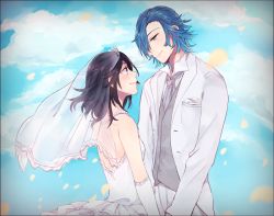 Rule 34 | 1boy, 1girl, backless dress, backless outfit, bad id, bad pixiv id, black hair, blue hair, blush, bridal veil, cloud, cloudy sky, day, dress, elbow gloves, eye contact, from side, gloves, green eyes, grey neckerchief, groom, hair ornament, hetero, holding hands, jacket, jewelry, kill la kill, kokeshi 1101, layered dress, long hair, looking at another, looking down, matoi ryuuko, mikisugi aikurou, neckerchief, necklace, outdoors, pants, petals, sky, sleeveless, sleeveless dress, smile, strapless, strapless dress, veil, wedding dress, white dress, white gloves, white jacket, white pants