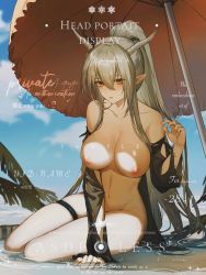 Rule 34 | 1girl, arknights, arm support, beach umbrella, black sleeves, blue sky, breasts, chinese commentary, cloud, cloudy sky, commentary request, demon horns, detached sleeves, english text, grey hair, groin, hair between eyes, highres, horns, infection monitor (arknights), large breasts, long hair, looking at viewer, navel, nipples, nude, official alternate costume, orange umbrella, outdoors, parted lips, planted, planted umbrella, pointy ears, qinglai haiji, shining (arknights), shining (silent night) (arknights), sitting, sky, solo, thigh strap, umbrella, very long hair, water, yellow eyes, yokozuwari