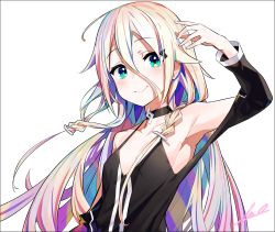 Rule 34 | 1girl, aqua eyes, armpits, bare shoulders, black choker, black shirt, braid, breasts, cevio, choker, collarbone, commentary, hair between eyes, hair tie, hand up, highres, ia (rocks) (vocaloid), ia (vocaloid), long hair, looking at viewer, off-shoulder shirt, off shoulder, overlord (overlord80000), pendant choker, platinum blonde hair, shirt, signature, small breasts, smile, solo, twin braids, upper body, very long hair, vocaloid, white background