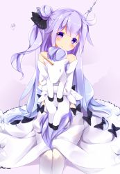 Rule 34 | 1girl, ahoge, autumn dawn, azur lane, commentary request, detached sleeves, hugging doll, dress, hair ribbon, highres, long hair, looking at viewer, hugging object, pantyhose, purple eyes, purple hair, ribbon, sitting, solo, stuffed animal, stuffed toy, stuffed unicorn, stuffed winged unicorn, unicorn (azur lane), white dress, white pantyhose