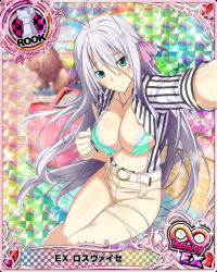 Rule 34 | 1girl, antenna hair, aqua bra, aqua eyes, blush, bra, bracelet, breasts, card (medium), character name, chess piece, closed mouth, embarrassed, hair ribbon, high school dxd, high school dxd infinity, jewelry, large breasts, long hair, official art, pants, pendant, reaching, reaching towards viewer, ribbon, rook (chess), rossweisse, selfie, shirt, silver hair, solo, striped clothes, striped shirt, torn clothes, trading card, underwear, very long hair