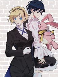 Rule 34 | 1boy, 1girl, aegis (persona), apron, arm at side, black coat, black dress, black pants, blonde hair, blue eyes, blue hair, blue necktie, blush, bolo tie, butler, closed mouth, coat, coattails, collared shirt, crossdressing, dress, elulit2, female butler, frilled apron, frilled sleeves, frills, grey background, hair between eyes, highres, holding, holding stuffed toy, hugging object, lapels, long sleeves, looking at viewer, maid, maid apron, male maid, necktie, notched lapels, open mouth, pants, persona, persona 3, petticoat, scarf, shirt, short hair, simple background, skindentation, standing, stuffed animal, stuffed rabbit, stuffed toy, sweat, thighhighs, two-tone background, white apron, white background, white shirt, white thighhighs, wide sleeves, wing collar, yellow scarf, yuuki makoto (persona 3)