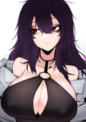 Rule 34 | 1girl, bare shoulders, breasts, character request, closed mouth, covered erect nipples, fate/grand order, fate (series), grey jacket, hair between eyes, huge breasts, j.k., jacket, long hair, looking to the side, o-ring, o-ring top, off shoulder, purple hair, red eyes, simple background, solo, upper body, white background
