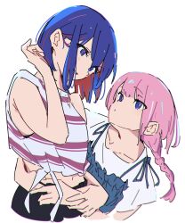 Rule 34 | 2girls, atenaba, bare arms, blue dress, blue hair, braid, chromatic aberration, closed mouth, colored inner hair, dress, hand on another&#039;s wrist, hands on another&#039;s waist, highres, jewelry, kaf (kamitsubaki studio), kamitsubaki studio, long hair, looking at another, multicolored hair, multiple girls, necklace, parted lips, pink hair, pink shirt, red eyes, red hair, rim (kamitsubaki studio), shirt, simple background, single braid, sleeveless, sleeveless shirt, smile, striped clothes, striped shirt, white background, white shirt, yellow pupils, yuri