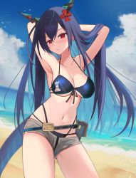 Rule 34 | 1girl, arknights, armpits, arms behind head, arms up, beach, bikini, black bikini, blue hair, blue sky, blush, breasts, ch&#039;en (arknights), ch&#039;en the holungday (arknights), ch&#039;en the holungday (elite ii) (arknights), cleavage, cloud, collarbone, cowboy shot, day, dragon girl, dragon horns, dragon tail, flower, front-tie bikini top, front-tie top, grey shorts, hair flower, hair ornament, highres, horns, large breasts, long hair, looking at viewer, micro shorts, multi-strapped bikini, navel, ocean, official alternate costume, open fly, outdoors, red eyes, rhodes island logo (arknights), sand, sanukiske, shorts, sky, solo, standing, swimsuit, tail