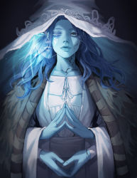 Rule 34 | 1girl, blue eyes, blue hair, blue skin, cloak, closed mouth, cocoro moto, colored skin, cracked skin, dress, elden ring, extra arms, extra faces, fingers together, fur cloak, gradient background, hat, long hair, long sleeves, looking at viewer, one eye closed, own hands together, ranni the witch, smile, solo, white dress, witch hat